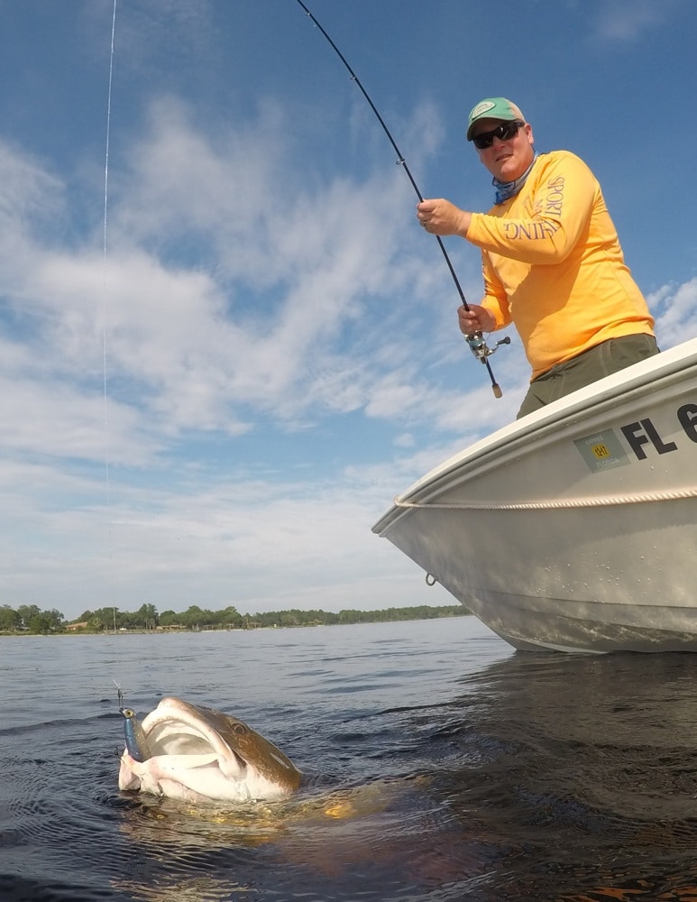 Angler fights bull redfish in Saint Andrews Bay