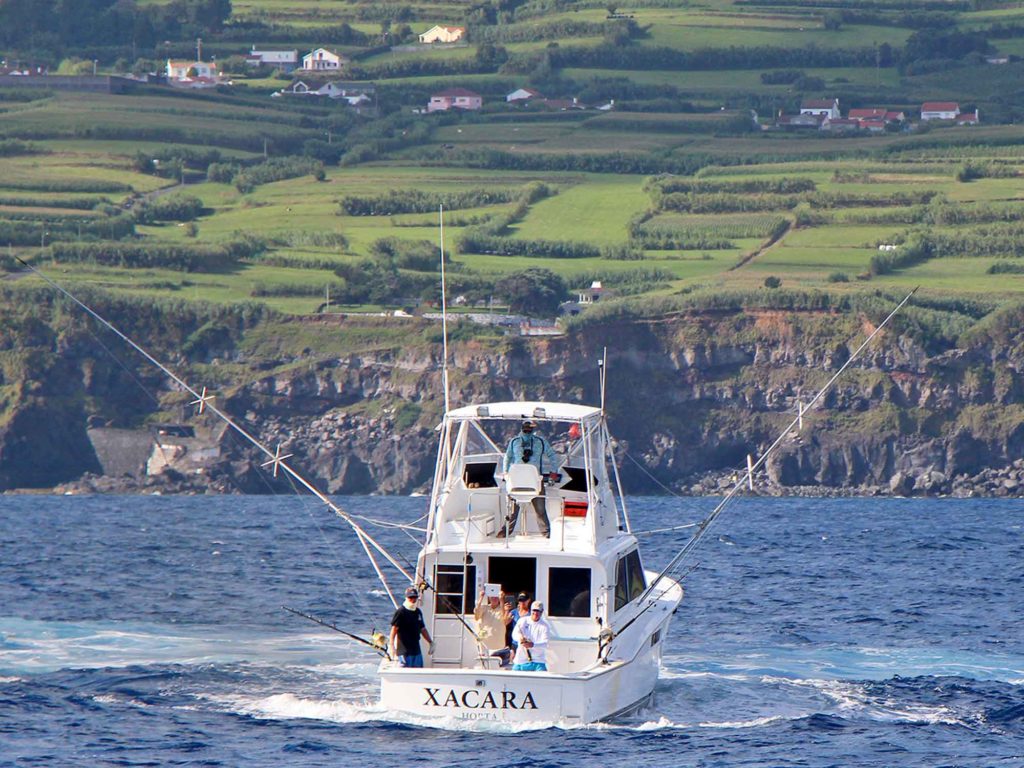 Reaching the fishing grounds isn’t generally an hours-long proposition: Here, Xacara hooks up a blue marlin on the north coast of Faial Island, one of the best fishing areas out of Horta and only a 25-minute run from the marina.