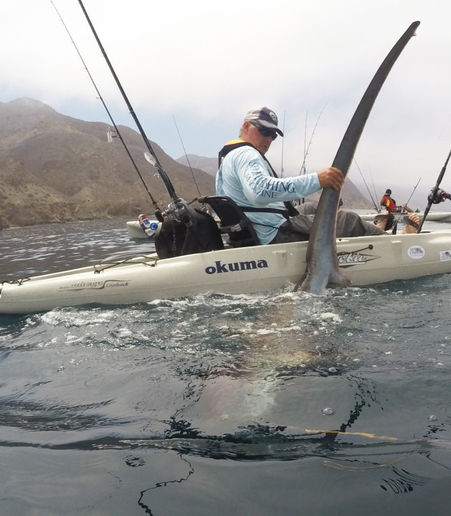 Kayak fishing Cedros Island, Baja -- amazing tail of the thresher shark