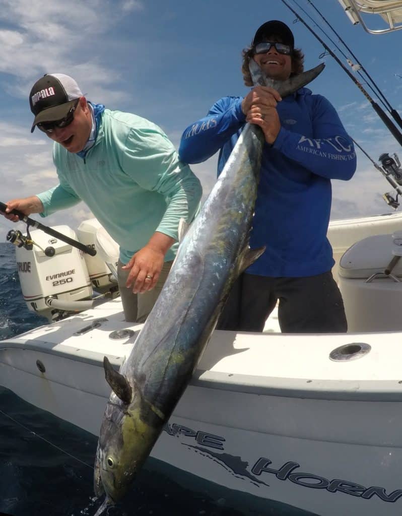 Capt. Matt Parramore hefts a large kingfish into his boat.