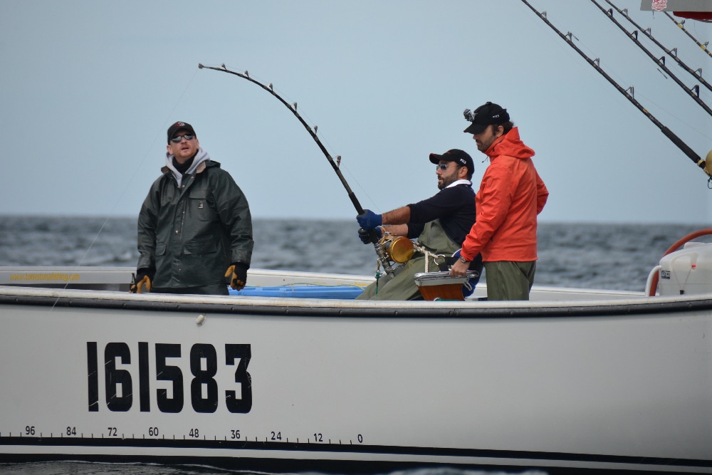 Angler hooked up bluefin tuna fish