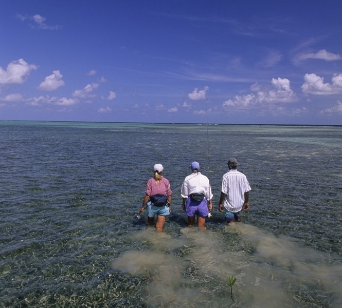 Anglers in Turneffe, Belize fly-fishing the flats