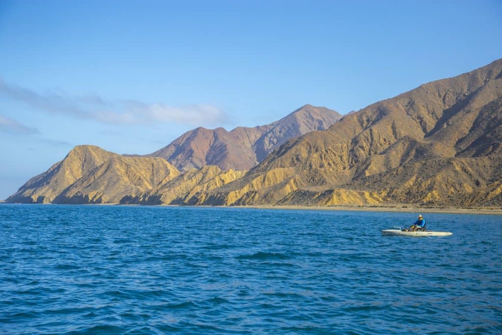 Kayak fishing Cedros Island, Baja -- drift fishing off a desert island