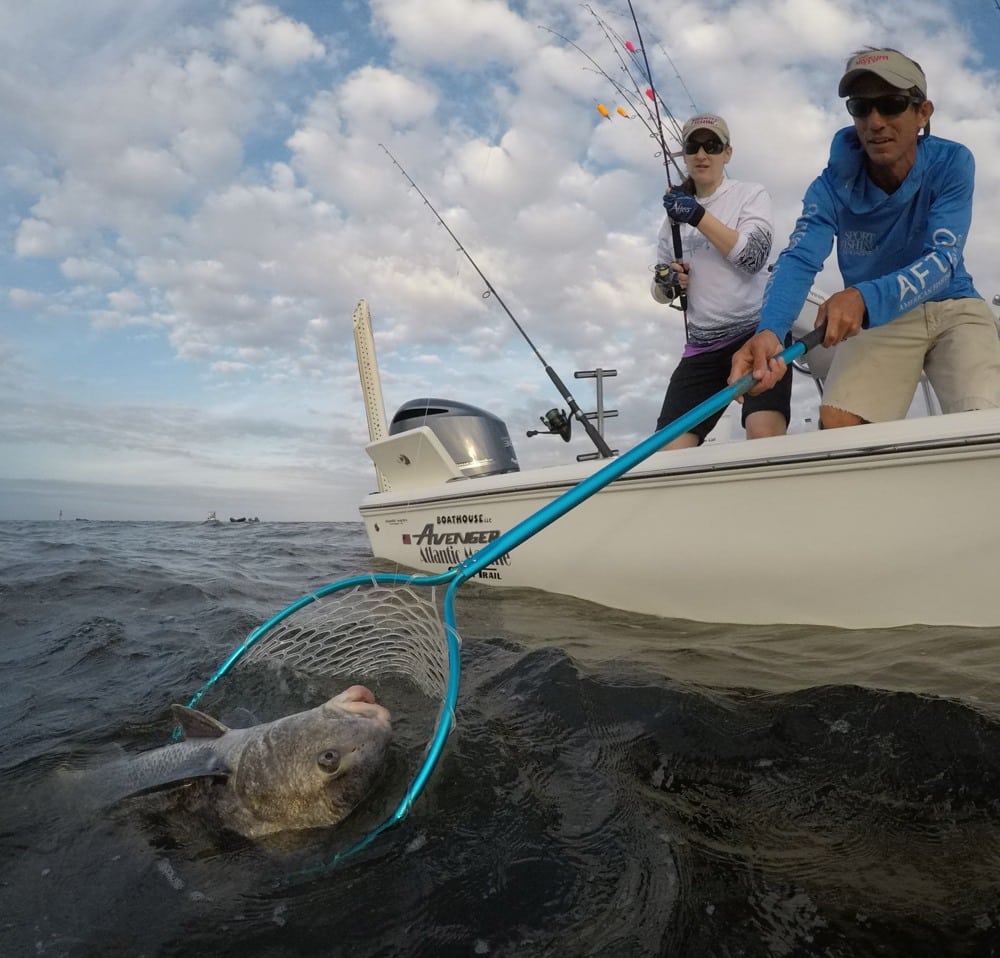 Reaching out to net a black drum in Mississippi