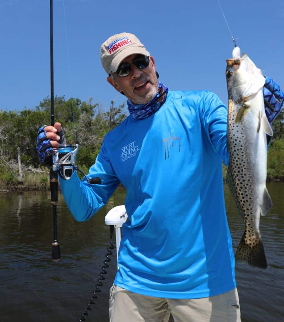 Anglers lands a seatroutnear Crystal River, Florida