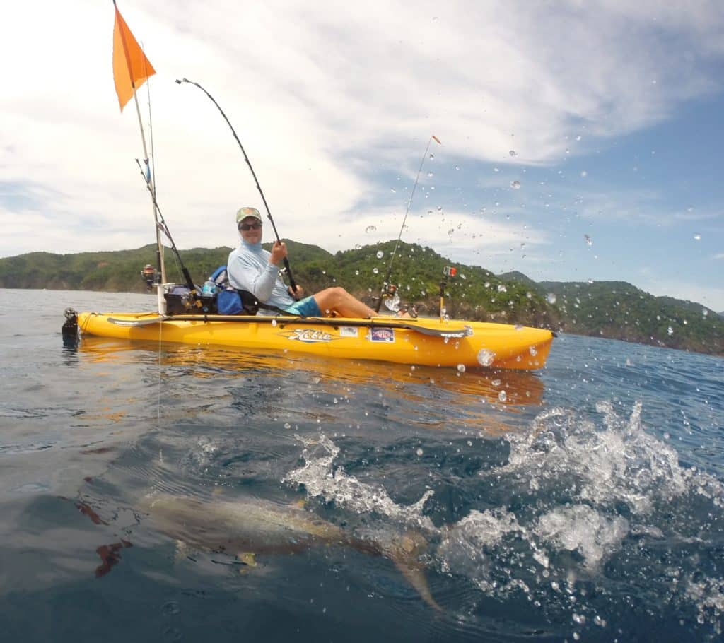 Kayak fisherman Panama fishing yellowfin tuna fish