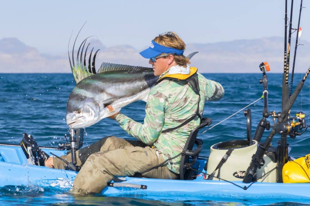 roosterfish caught saltwater kayak fishing Baja's central Sea of Cortez near Loreto