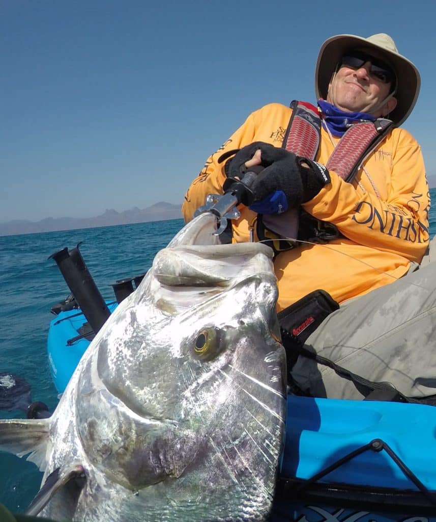 trophy roosterfish caught saltwater kayak fishing Baja's central Sea of Cortez near Loreto
