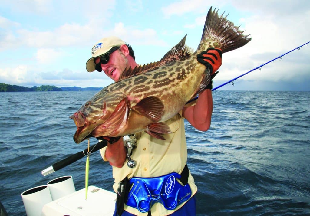 Fisherman holding grouper caught fishing Pêche Panama