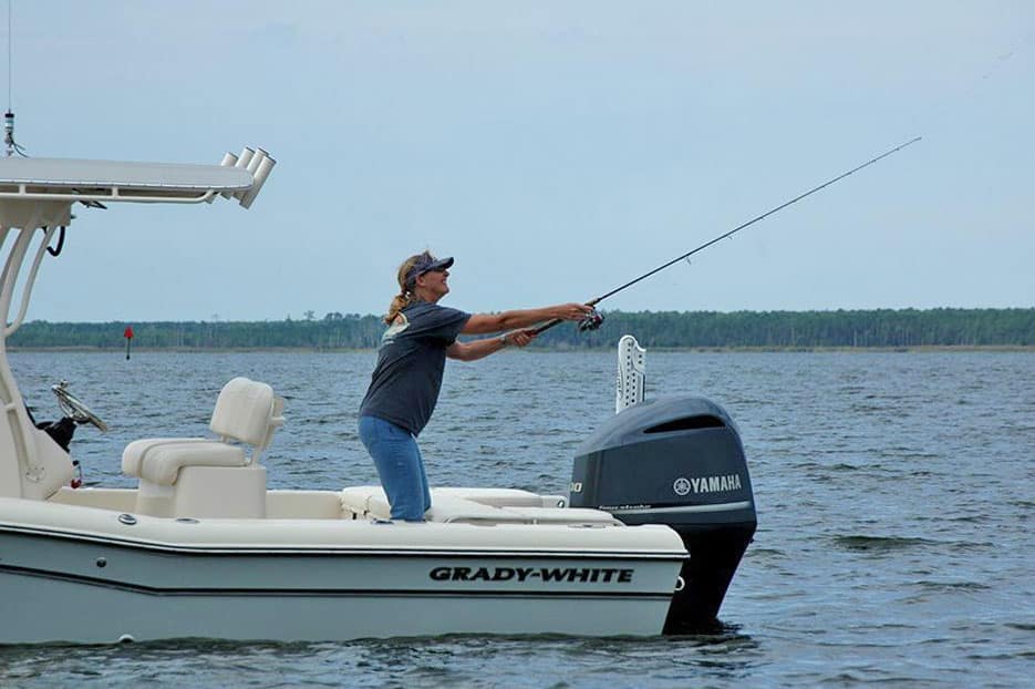 Woman angler casting a fishing pole