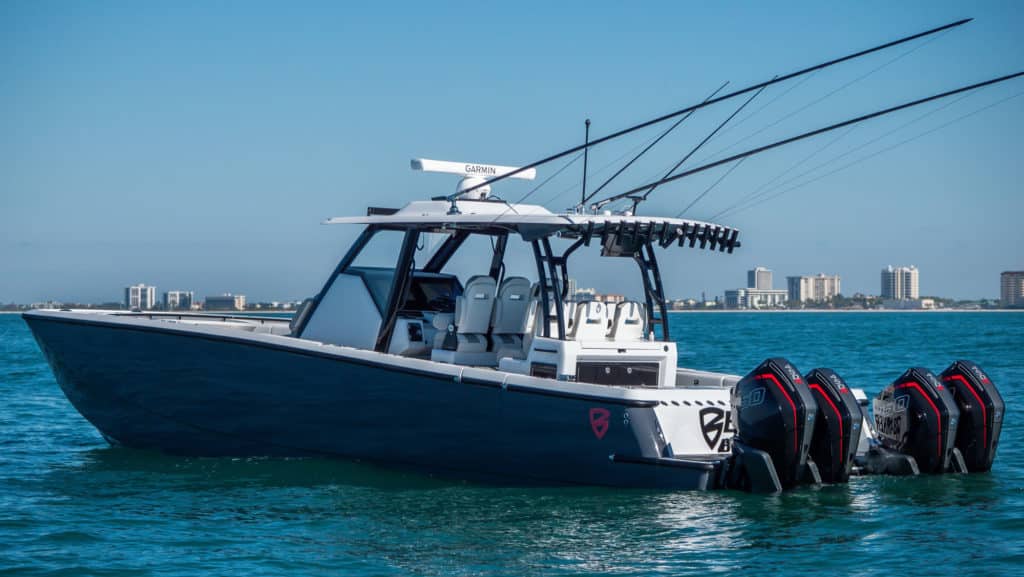 Quad Mercury 450R outboards power the Barker 40 HPFC