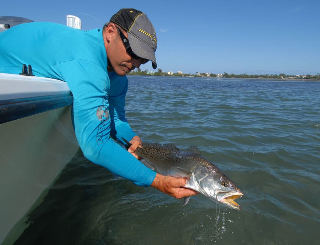 Gently releasing a speckled trout