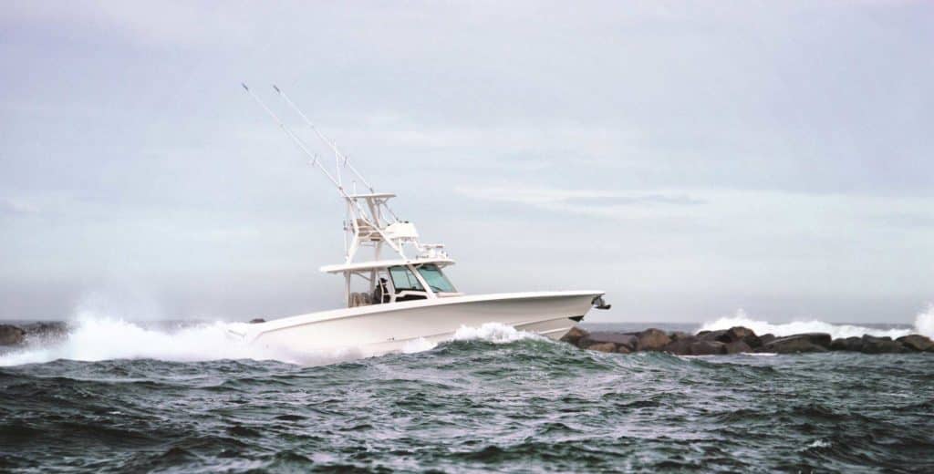 Boston Whaler 380 Outrage running an inlet