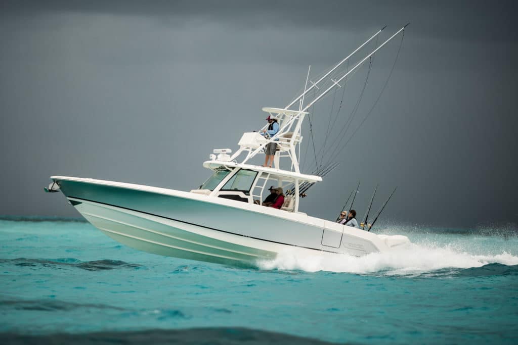 Boston Whaler 380 Outrage running in the ocean