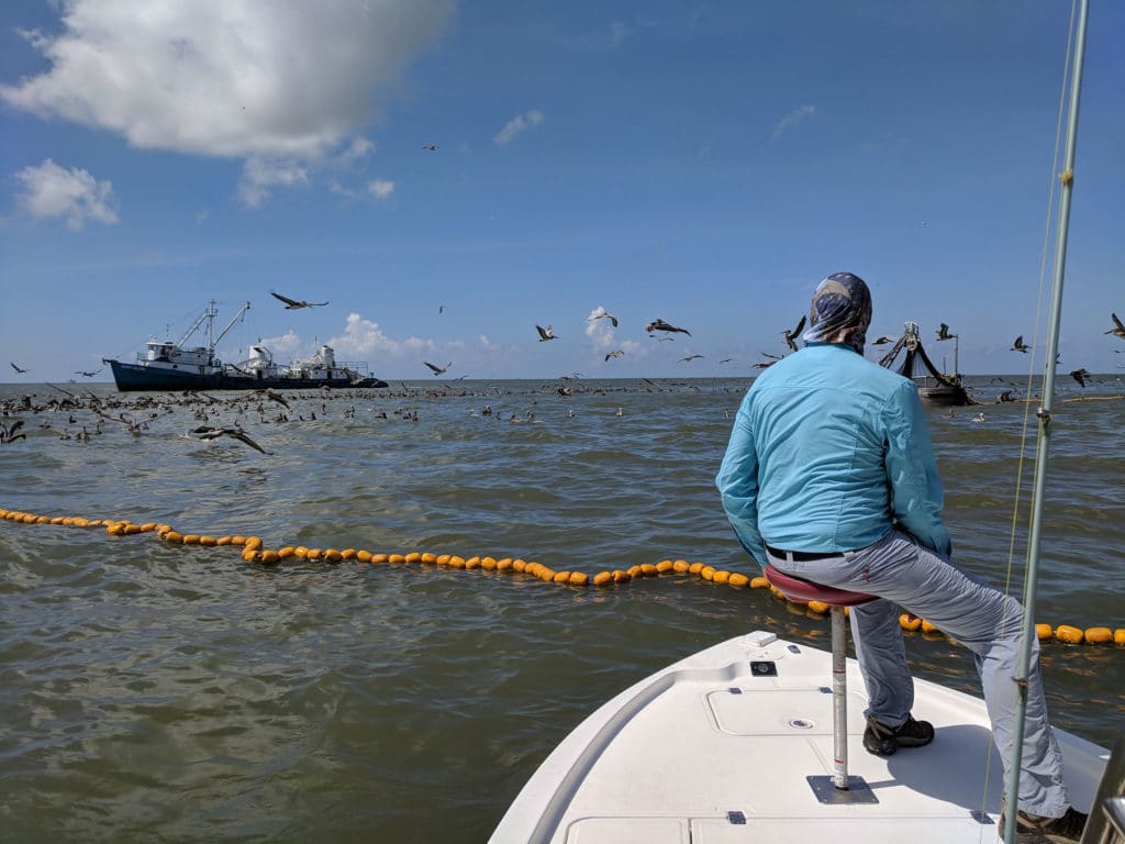 Sport-fishing boat watching pogy boat