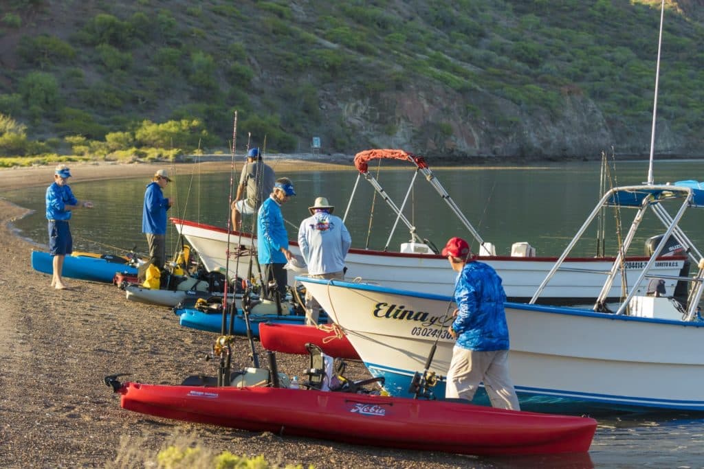 anglers preparing Hobie kayaks for kayak fishing Baja’s Central Sea of Cortez