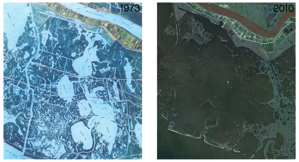 Overhead views of vanishing Louisiana marsh