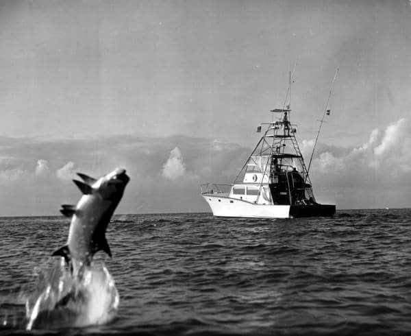 Vintage Florida fishing photo jumping tarpon in front of offshore sportfishing boat
