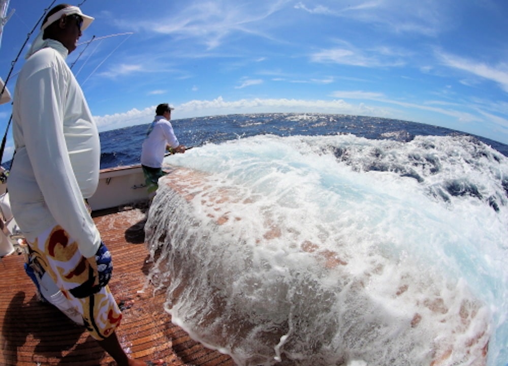 Fishermen backing down sport fishing boat