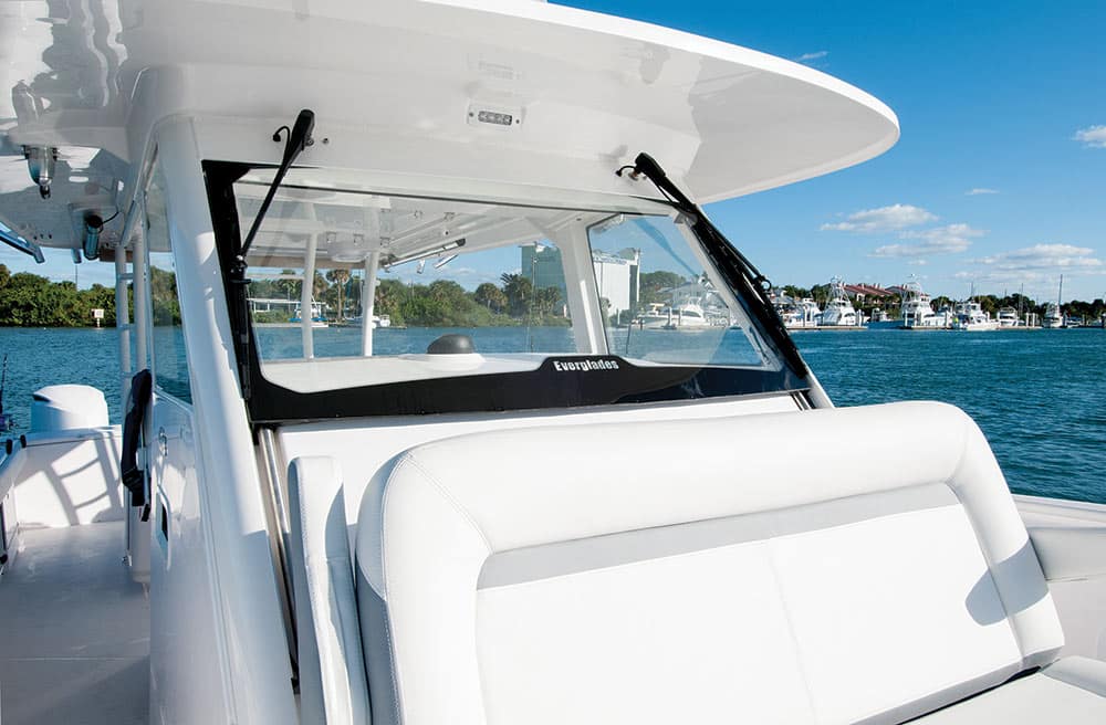 Everglades Boats patented sliding windshield high-tech center console fishing boat hardtop