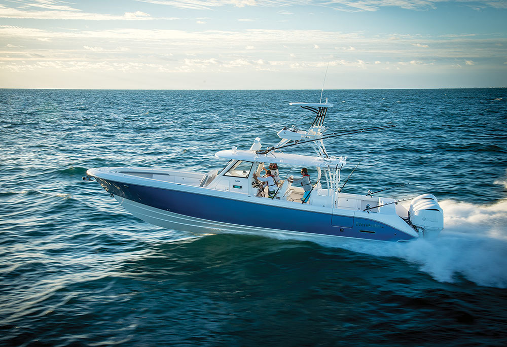 Everglades 435CC center-console saltwater fishing boat running quad Yamaha F300 outboards