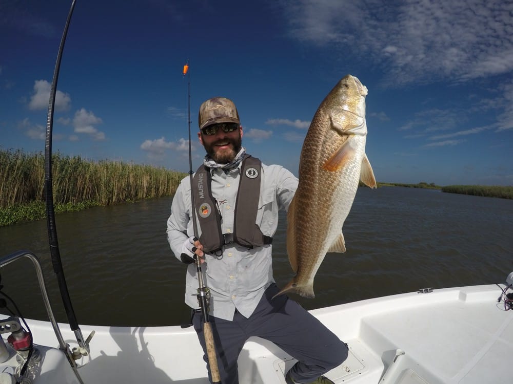 An angler holds a beautiful redfish in the Louisiana marsh.