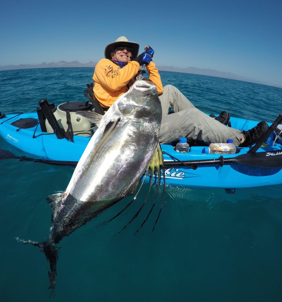 saltwater fisherman releasing roosterfish Hobie kayak fishing Baja’s Central Sea of Cortez