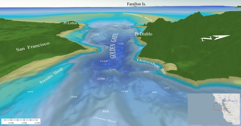 3D contour map of the Golden Gate Bridge channel