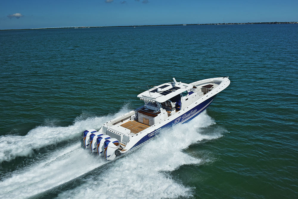 HydraSports Custom 53 Suenos center-console saltwater fishing boat running quad Seven Marine 557 outboards