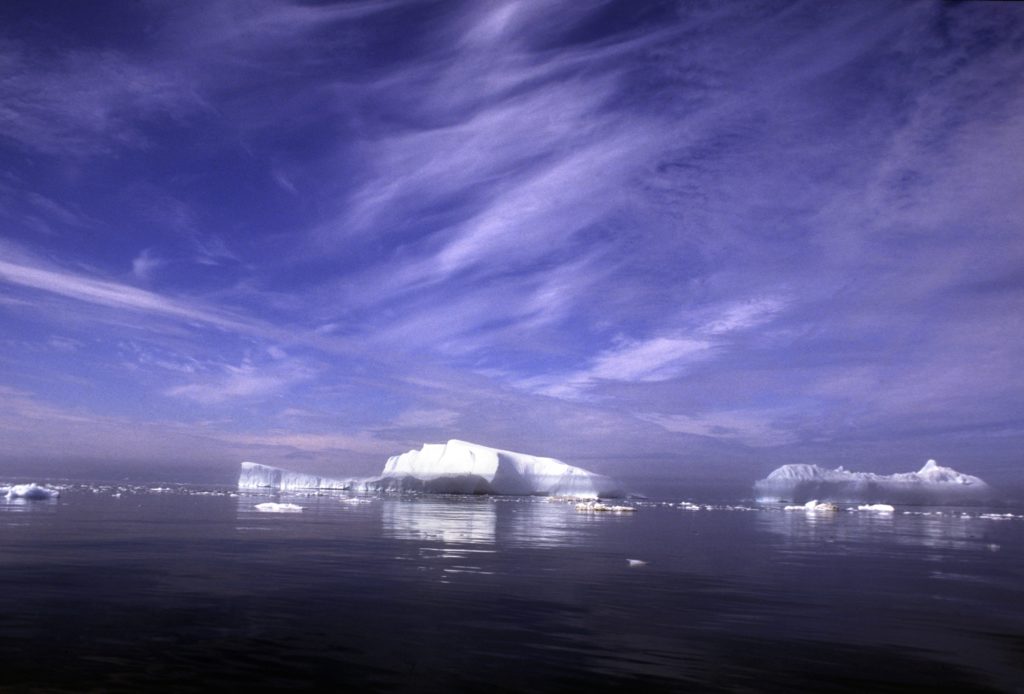 Ice bergs and ice fields in lower Davis Strait, Greenland