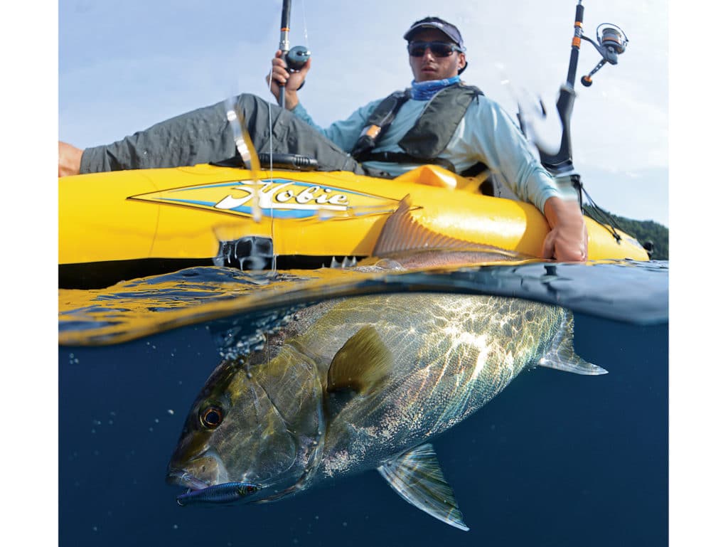 Kayak fisherman holding almaco jack underwater next to fishing kayak