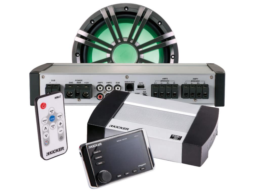 Kicker small fishing boat audio package with amplifier, subwoofers, remote control, media center