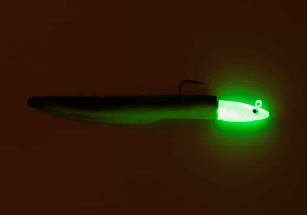 Soft-plastic rigged to glowing Almost Alive eel jighead fishing tackle