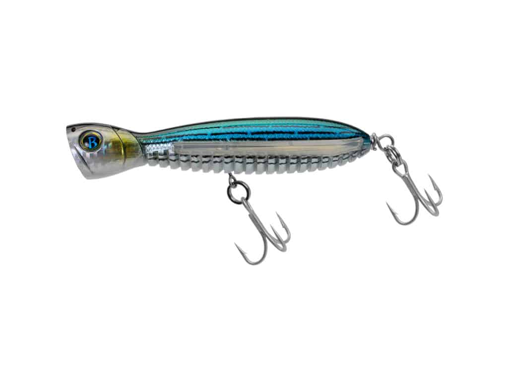 design a high-performance top water popper lure specifically for saltwater  surf fishing. the lure should be optimized to attract and entice aggressive  saltwater game fish. provide a detailed description of the lure's