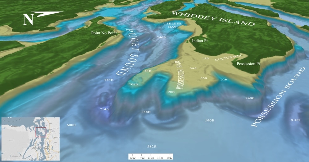 3D contour map of Possession Bar north of Seattle