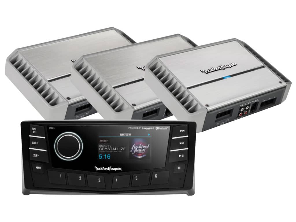 Rockford Fosgate head unit, subwoofers, amplifier for large center console fishing boat