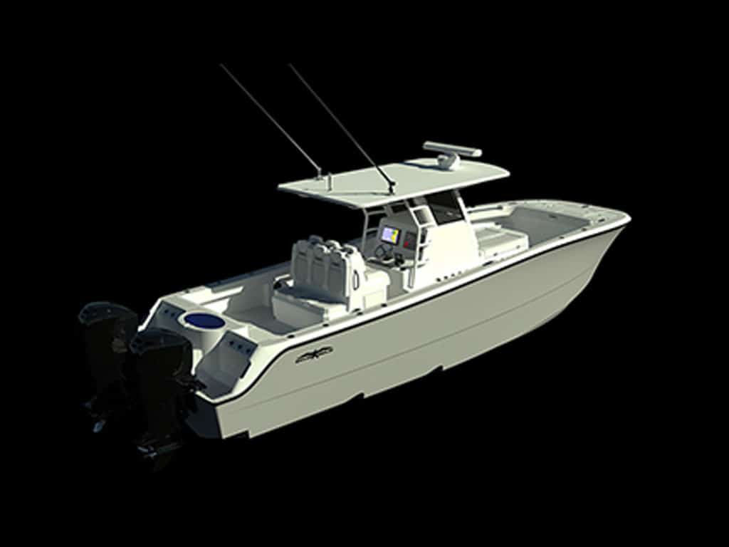 The Invincible 33 Catamaran features two livewells and four fish boxes.