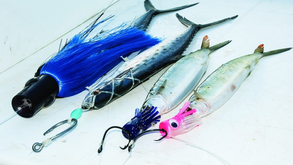 A selection of offshore trolling lures and rigged baits