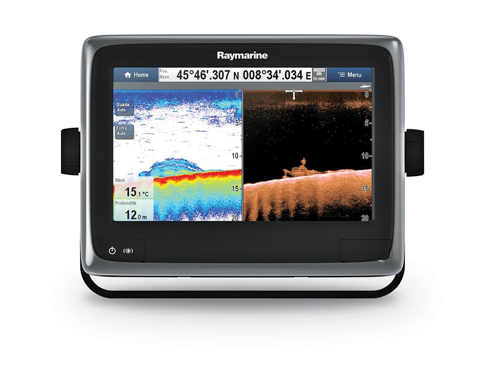 Raymarine fish finder unit displaying two chirp technologies