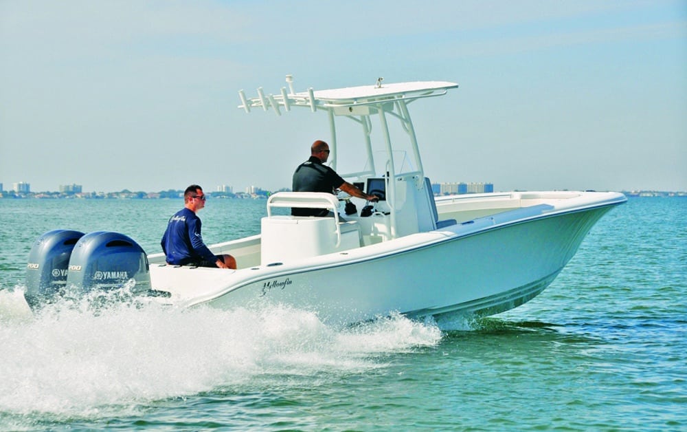 Yellowfin 26 center console running on water