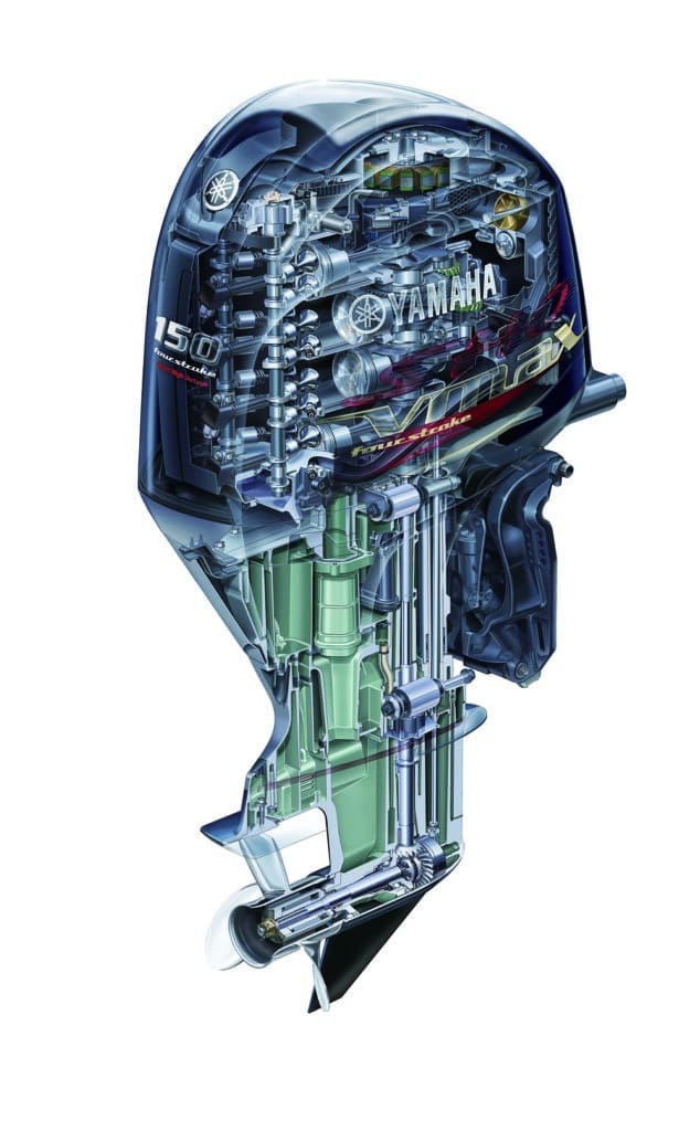 Yamaha 150 hp outboard boat engine internal parts cutaway
