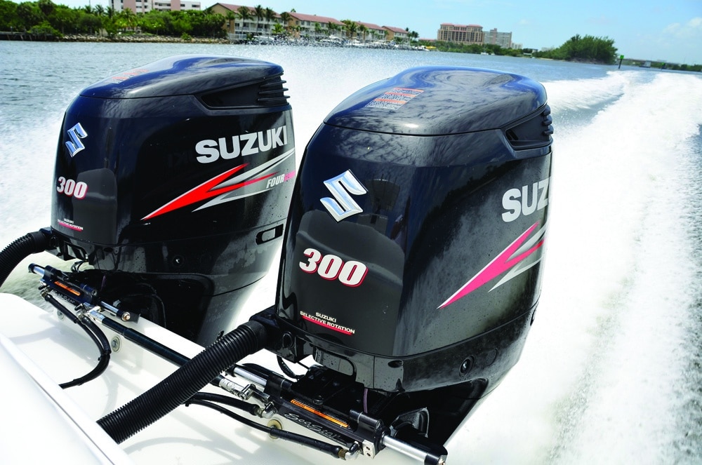 Dual Suzuki 300 hp outboard engines on a fishing boat
