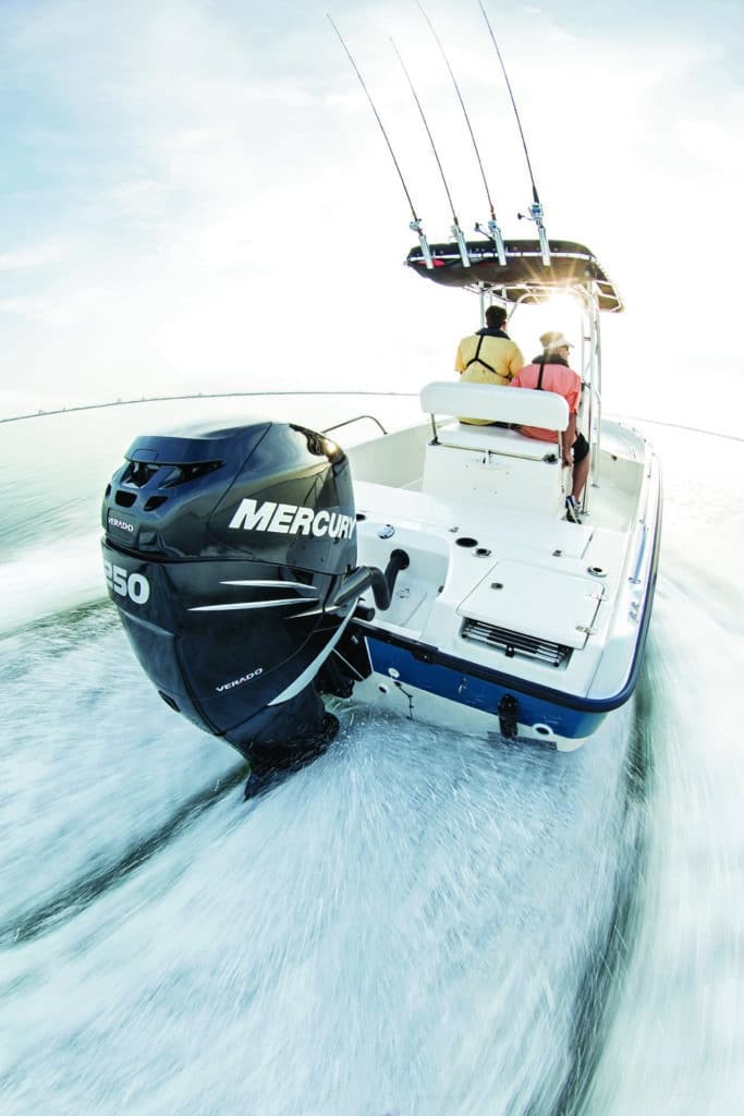 Mercury outboard engine on a running sport fishing boat