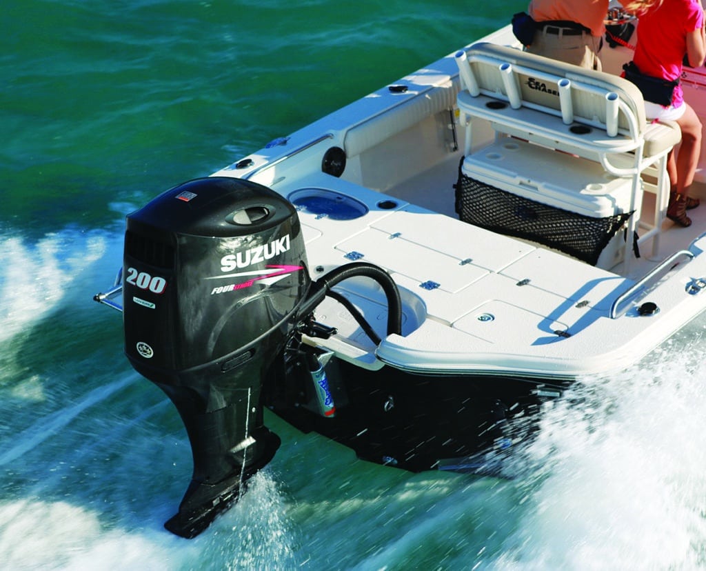 Suzuki DF200AP outboard engine on the back of a fishing boat
