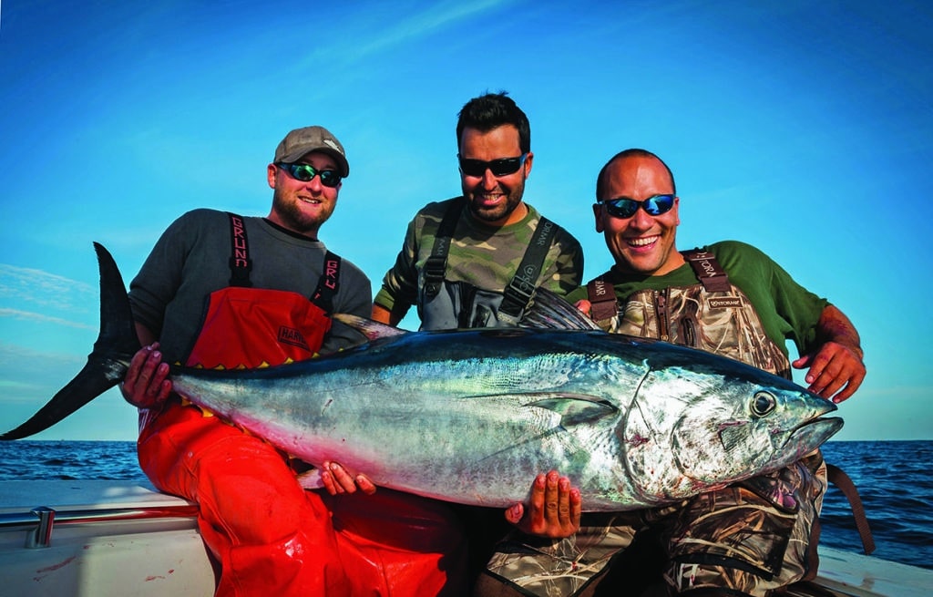 Fishermen holding big bluefin tuna caught fishing