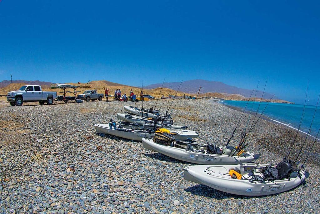 Hobie outback kayaks lined up on Cedros Island beach
