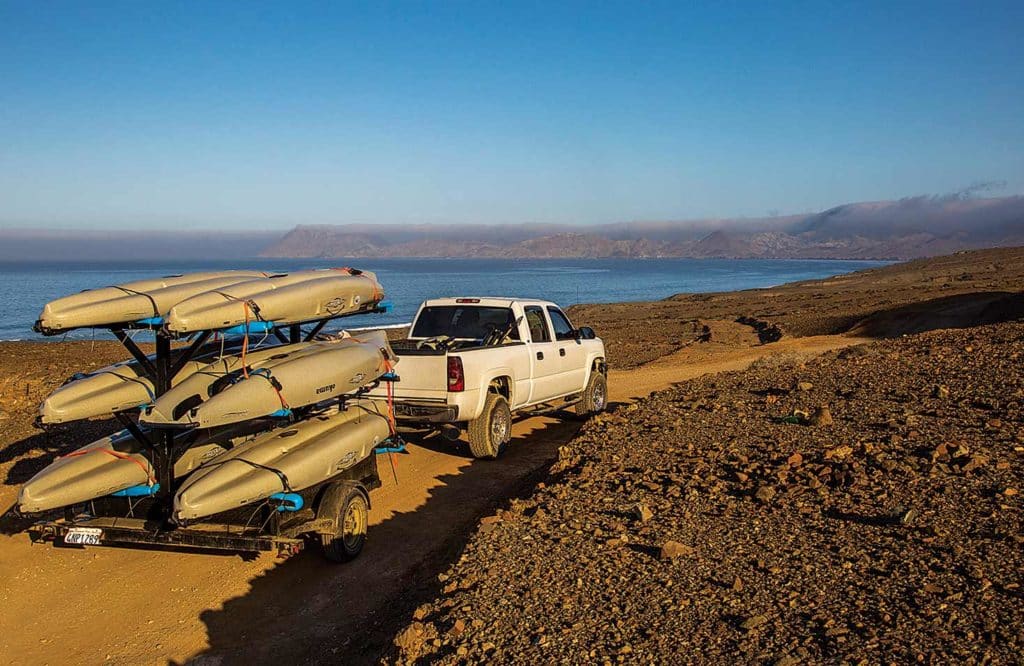 Towing kayaks along southwestern Cedros Island
