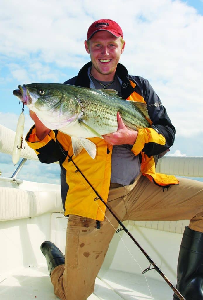 Fishing stripers and blues in Northeast boulder fields - striper on a popper