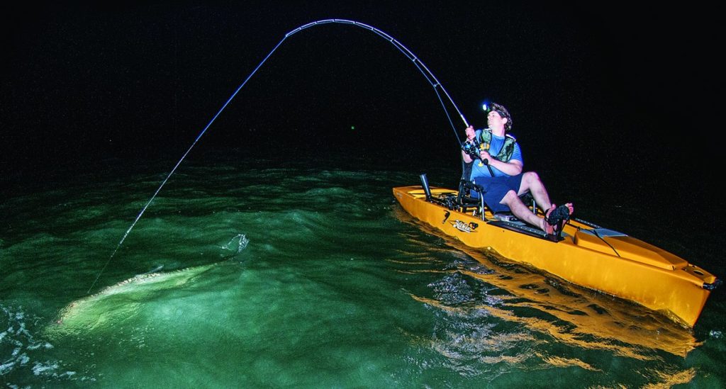 Giant tarpon tests a kayak angler in the darkness