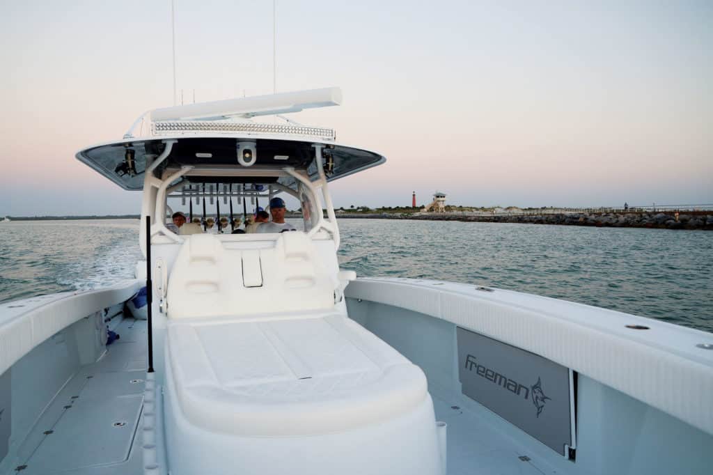 Freeman catamaran heading offshore